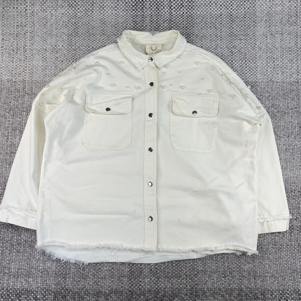 Fantastic Fawn Pearl Embellished Raw Hem Denim Shacket Off White Large